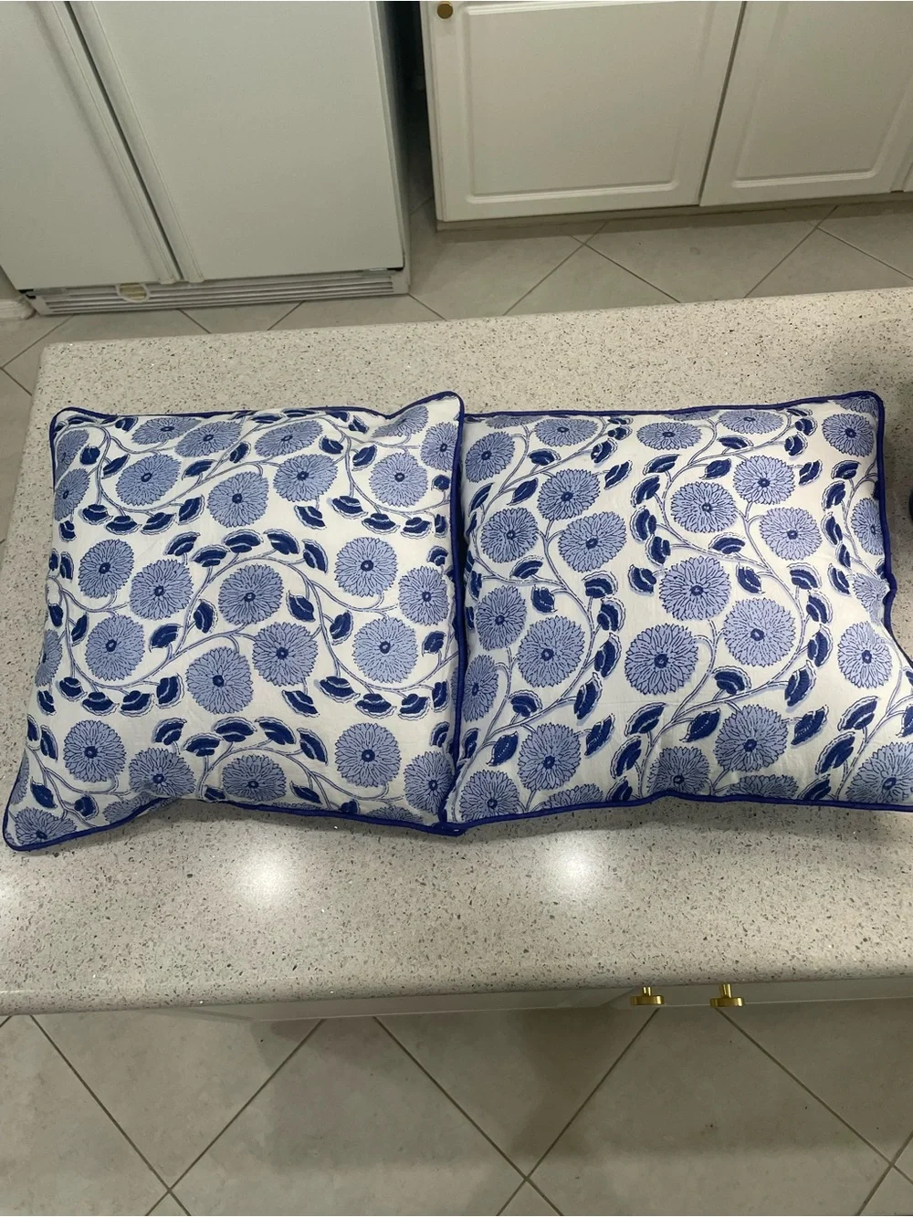 2 Blue Floral Decorative 16X16 Throw Pillow Pair Block Print w/insert and zipper